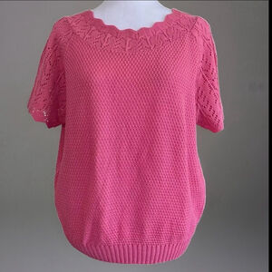 Vintage 90s Haband Pink Pointelle Knit Short Sleeve Sweater Large